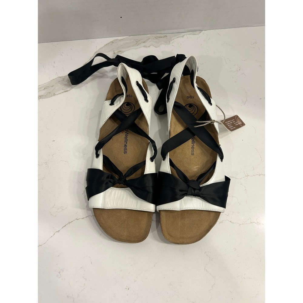 EuroWellness Balance Cork Footbed Sandals Womens EU 42 Black White Leather Lace